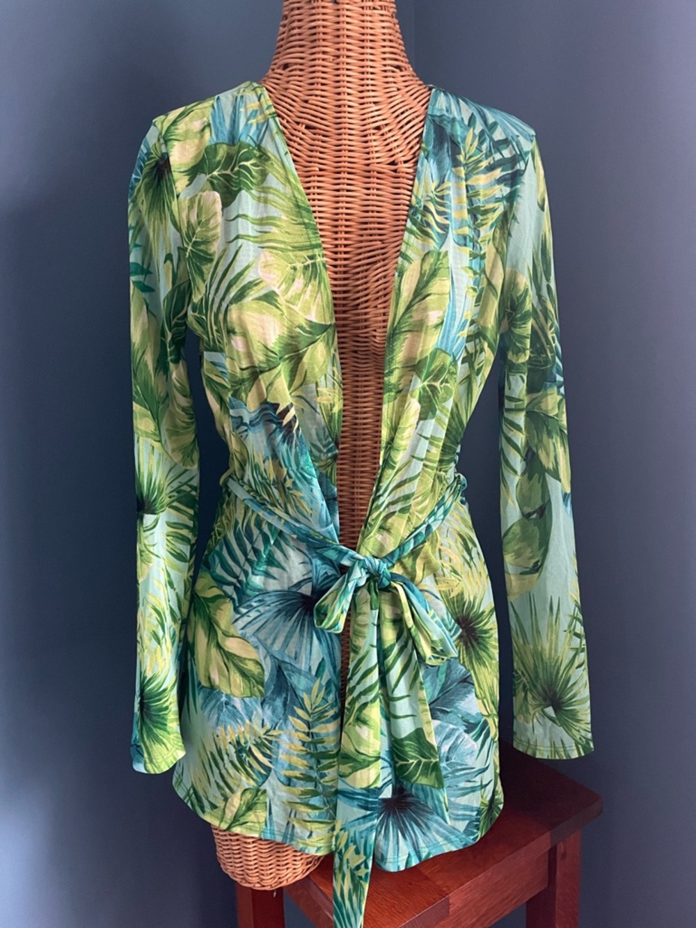 Tropical Green Stretchy Mesh Tie-Waist Swim or Beach Cover-Up J Lo Inspired